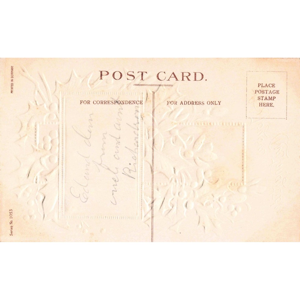 Vtg Embossed Christmas Postcard Snowy Cottage Cross Holly Germany Series 1053 - Picture 2 of 2